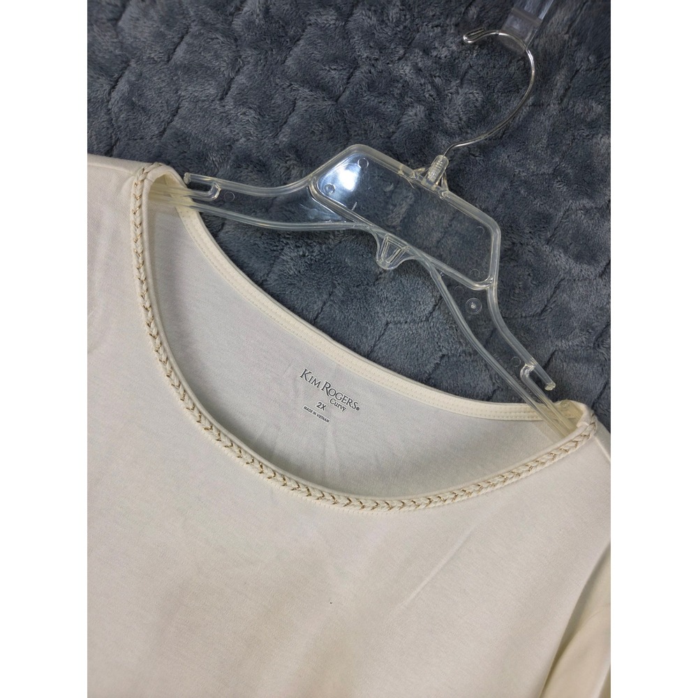Kim Rogers Curvy Ivory Cotton Top Braided Round Neck 3/4 Sleeve 2X 167K312